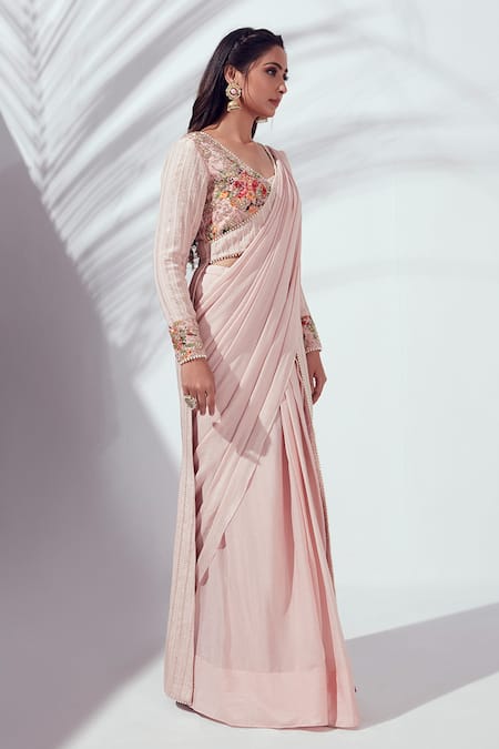 Suruchi Parakh_Pink Crepe And Georgette Crepe Lining Shantoon Jacket & Pre-draped Saree Set _Online_at_Aza_Fashions
