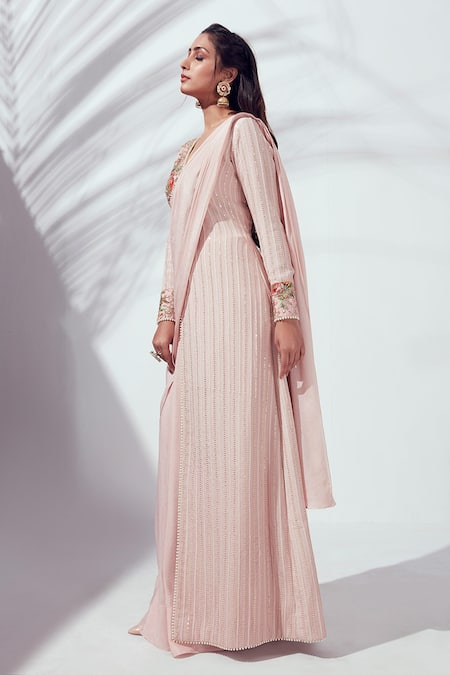 Buy_Suruchi Parakh_Pink Crepe And Georgette Crepe Lining Shantoon Jacket & Pre-draped Saree Set _Online_at_Aza_Fashions