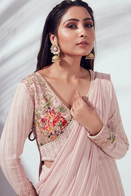 Shop_Suruchi Parakh_Pink Crepe And Georgette Crepe Lining Shantoon Jacket & Pre-draped Saree Set _Online_at_Aza_Fashions