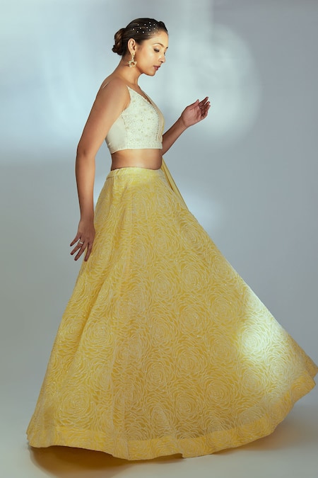 Suruchi Parakh Rose Embroidered Lehenga With Draped Crop Top 
