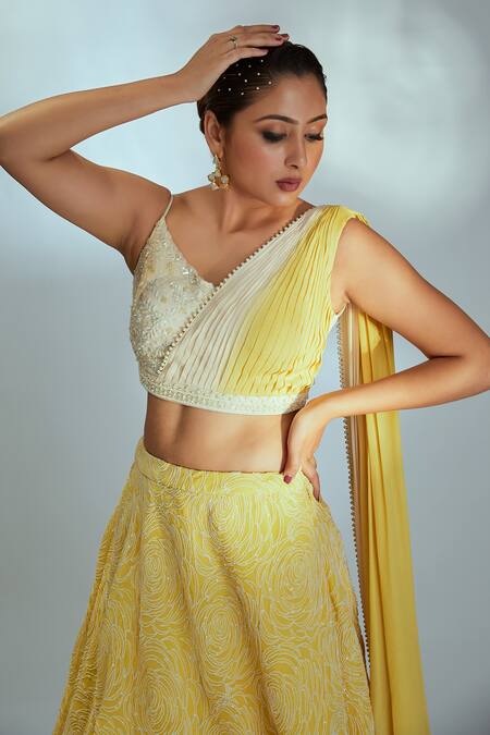 Suruchi Parakh_Yellow Satin Silk, Georgette, Lehenga Rose Embroidered With Draped Crop Top _Online_at_Aza_Fashions