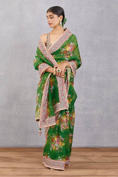 Torani_Green Cotton Silk, Handwoven Chanderi U Neck Panna Zubaida Blouse_Online_at_Aza_Fashions