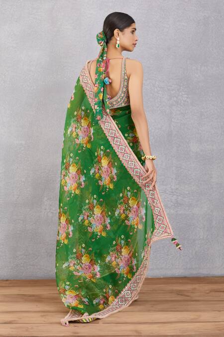 Buy_Torani_Green Cotton Silk, Handwoven Chanderi U Neck Panna Zubaida Blouse_Online_at_Aza_Fashions