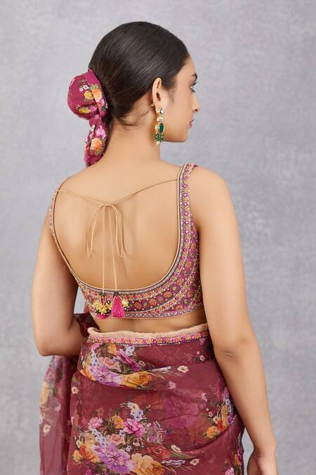 Shop_Torani_Red Handwoven Chanderi Embroidery U Neck Manika Zubaida Blouse _at_Aza_Fashions