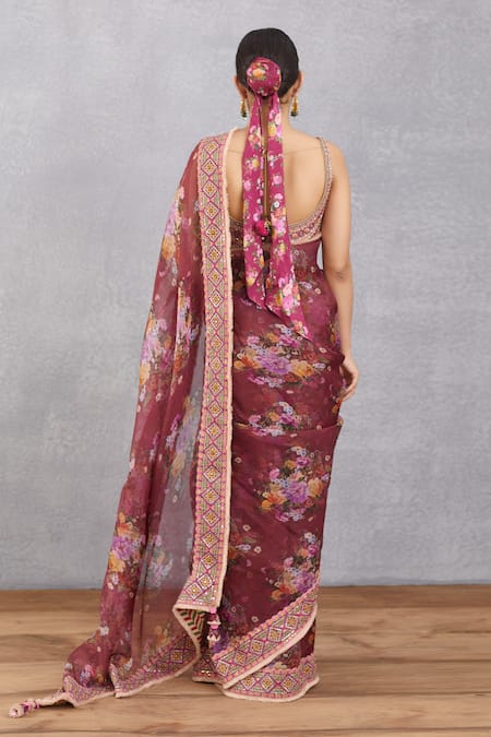 Buy_Torani_Red Handwoven Chanderi Embroidery U Neck Manika Zubaida Blouse _Online_at_Aza_Fashions