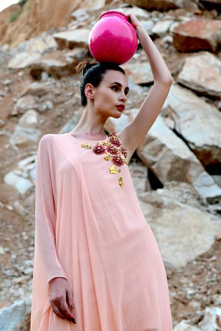 Xoxo Apurva_Peach Georgette Round 3d Embroidered Draped Tunic  _Online_at_Aza_Fashions