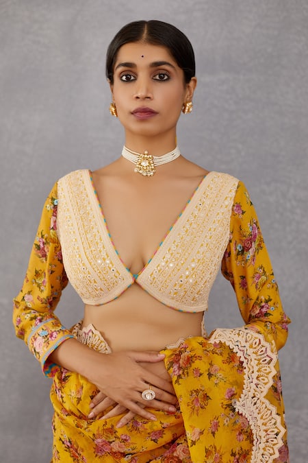Torani Yellow Handwoven Chanderi Embroidery V Neck Sunehra Meher Blouse