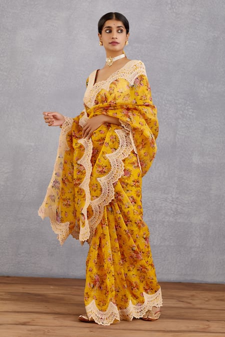 Buy_Torani_Yellow Cotton Silk, Handwoven Chanderi V Neck Sunehra Meher Blouse_Online_at_Aza_Fashions