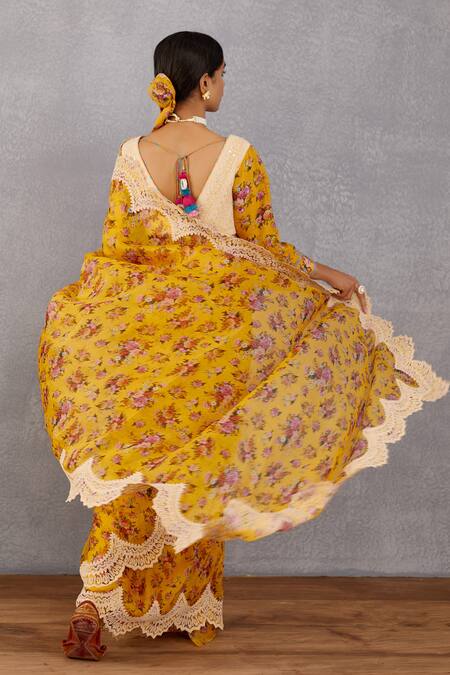 Shop_Torani_Yellow Cotton Silk, Handwoven Chanderi V Neck Sunehra Meher Blouse_Online_at_Aza_Fashions