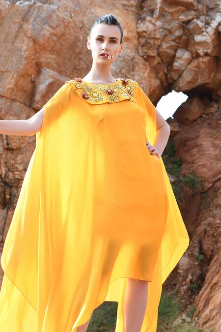 Xoxo Apurva Yellow Crepe Round 3d Embroidered Draped Dress Online at Aza Fashions Xoxo Apurva_Yellow Crepe Round 3d Embroidered Draped Dress _Online_at_Aza_Fashions