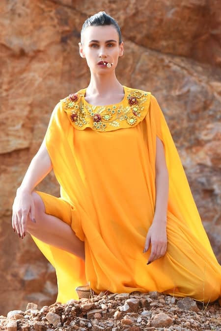 Buy Xoxo Apurva Yellow Crepe Round 3d Embroidered Draped Dress Online at Aza Fashions Buy_Xoxo Apurva_Yellow Crepe Round 3d Embroidered Draped Dress _Online_at_Aza_Fashions