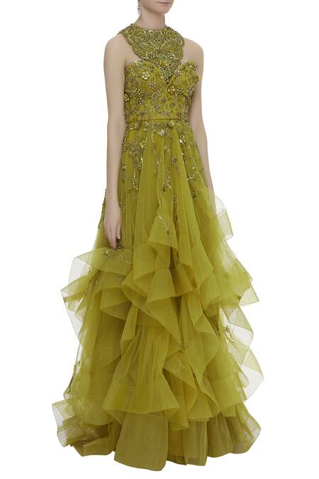 Karleo_Yellow Tulle, Crepe And Satin 3d Sequins Halter Neck Embellished Layered Gown_Online_at_Aza_Fashions