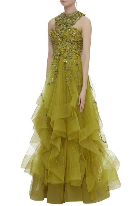 Buy_Karleo_Yellow Tulle, Crepe And Satin 3d Sequins Halter Neck Embellished Layered Gown_Online_at_Aza_Fashions