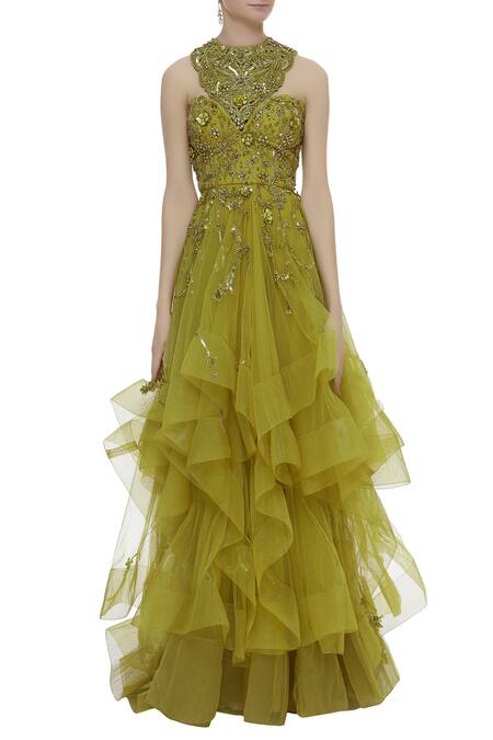 Shop_Karleo_Yellow Tulle, Crepe And Satin 3d Sequins Halter Neck Embellished Layered Gown_Online_at_Aza_Fashions
