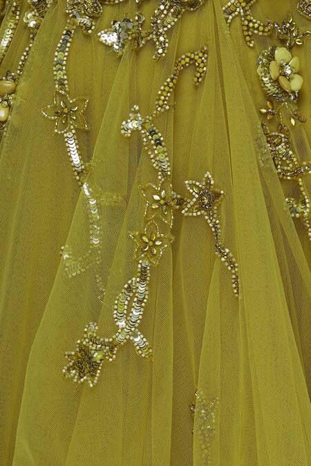 Karleo_Yellow Tulle, Crepe And Satin 3d Sequins Halter Neck Embellished Layered Gown_at_Aza_Fashions