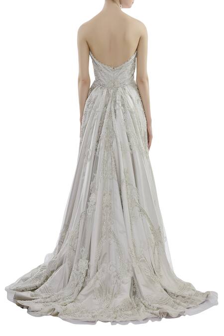 Shop Karleo Silver Embroidered Bandeau Gown at Aza Fashions Shop_Karleo_Silver Embroidered Bandeau Gown_at_Aza_Fashions