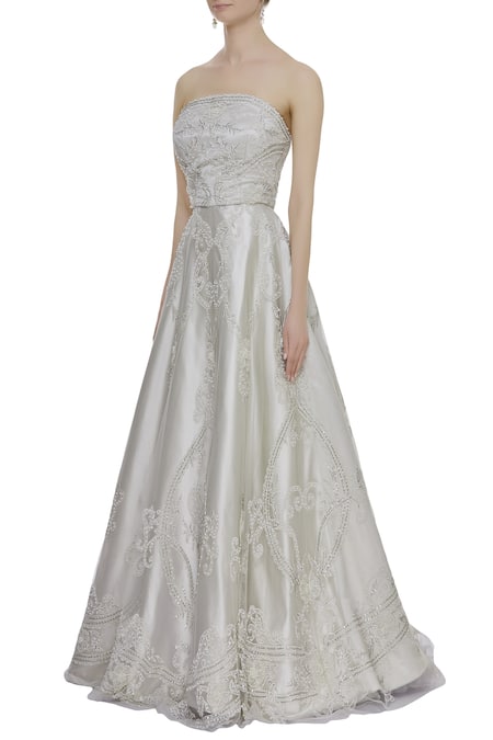 Karleo Silver Embroidered Bandeau Gown Online at Aza Fashions Karleo_Silver Embroidered Bandeau Gown_Online_at_Aza_Fashions