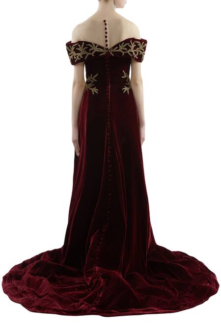 Shop_Karleo_Maroon Velvet Round Embroidered Cold Shoulder Gown_at_Aza_Fashions