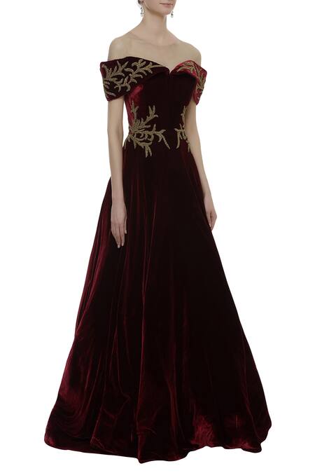 Karleo_Maroon Velvet Round Embroidered Cold Shoulder Gown_Online_at_Aza_Fashions