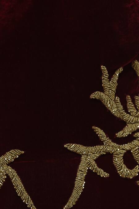 Karleo_Maroon Velvet Round Embroidered Cold Shoulder Gown_at_Aza_Fashions