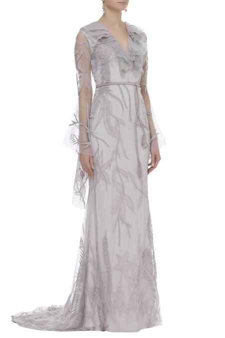 Karleo Grey Tulle, Crepe And Satin V Embroidered Trail Gown Online at Aza Fashions Karleo_Grey Tulle, Crepe And Satin V Embroidered Trail Gown_Online_at_Aza_Fashions