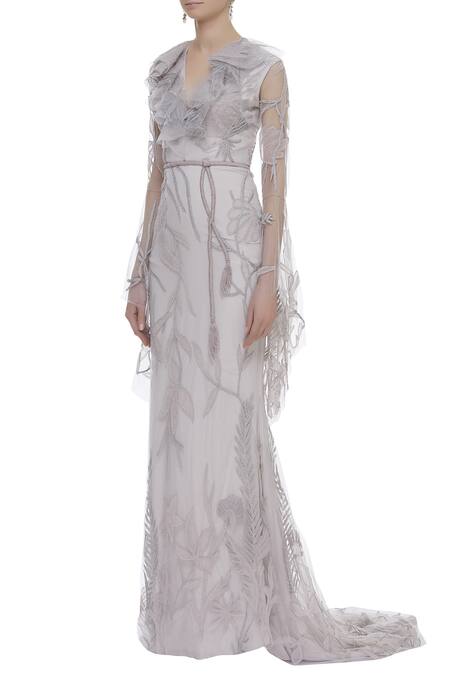 Buy Karleo Grey Tulle, Crepe And Satin V Embroidered Trail Gown Online at Aza Fashions Buy_Karleo_Grey Tulle, Crepe And Satin V Embroidered Trail Gown_Online_at_Aza_Fashions