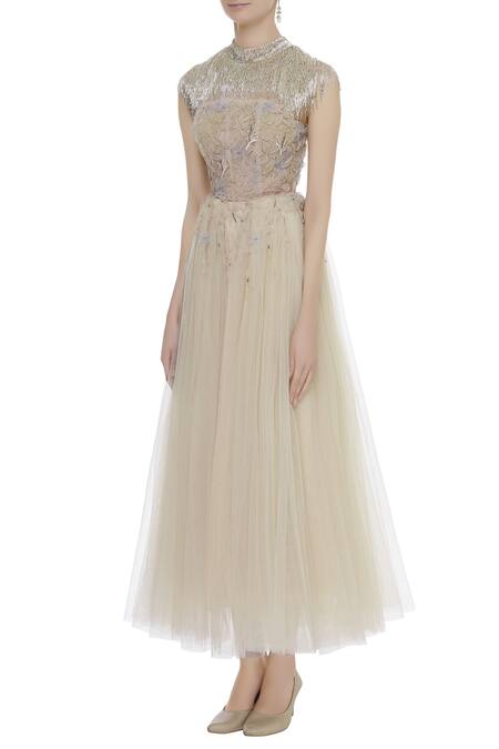 Karleo_Beige Embroidered Gown With Cape_Online_at_Aza_Fashions