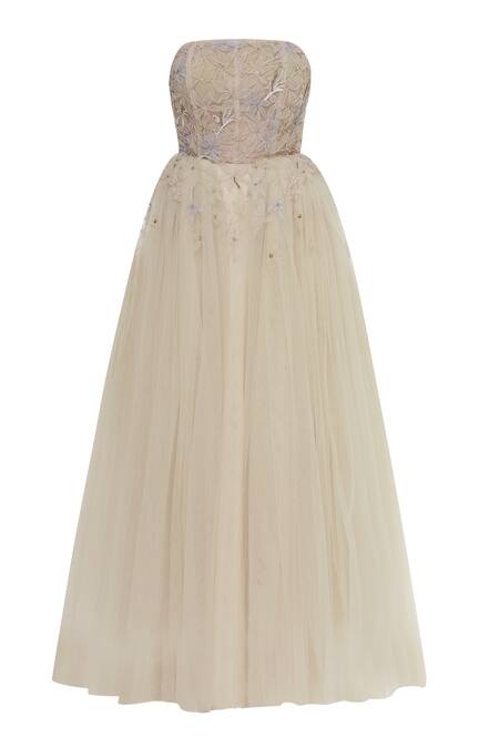 Shop_Karleo_Beige Embroidered Gown With Cape_Online_at_Aza_Fashions