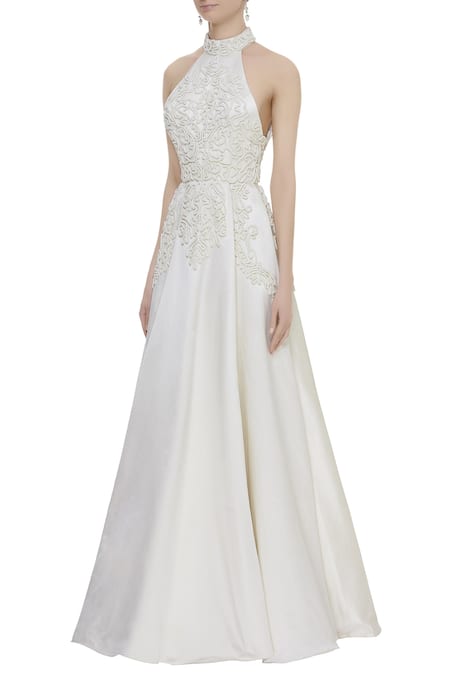 Buy_Karleo_White Embroidered Halter Gown_Online_at_Aza_Fashions