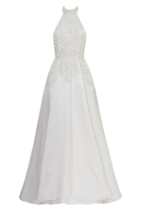 Shop_Karleo_White Embroidered Halter Gown_Online_at_Aza_Fashions