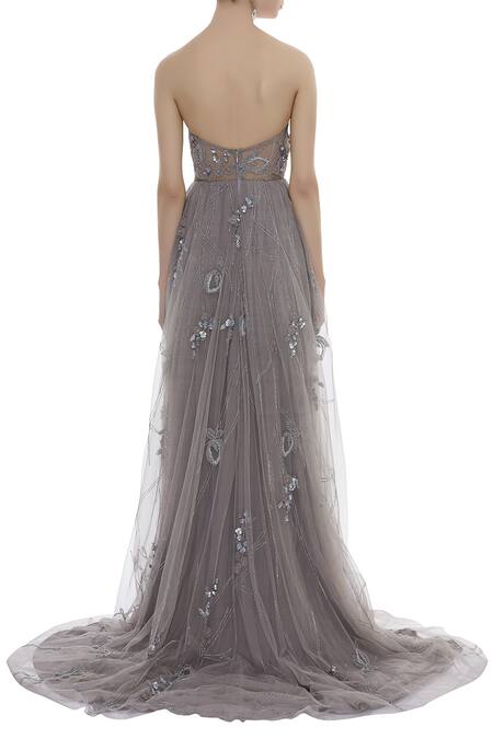 Shop Karleo Grey Crepe And Net 3d Floral Sequin Off Shoulder Embellished Bandeau Gown at Aza Fashions Shop_Karleo_Grey Crepe And Net 3d Floral Sequin Off Shoulder Embellished Bandeau Gown_at_Aza_Fashions