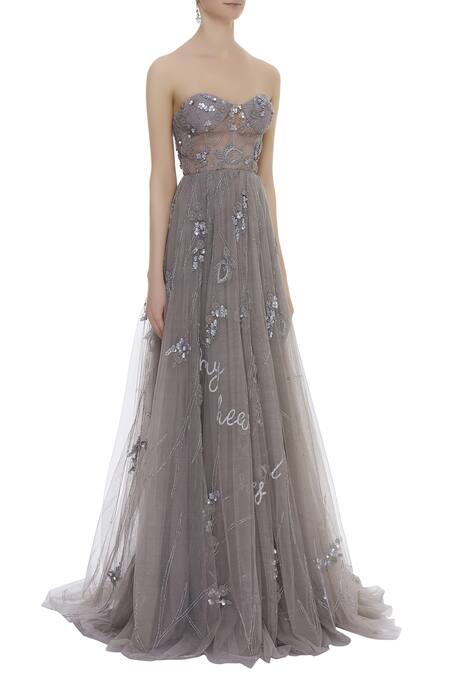 Karleo Grey Crepe And Net 3d Floral Sequin Off Shoulder Embellished Bandeau Gown Online at Aza Fashions Karleo_Grey Crepe And Net 3d Floral Sequin Off Shoulder Embellished Bandeau Gown_Online_at_Aza_Fashions