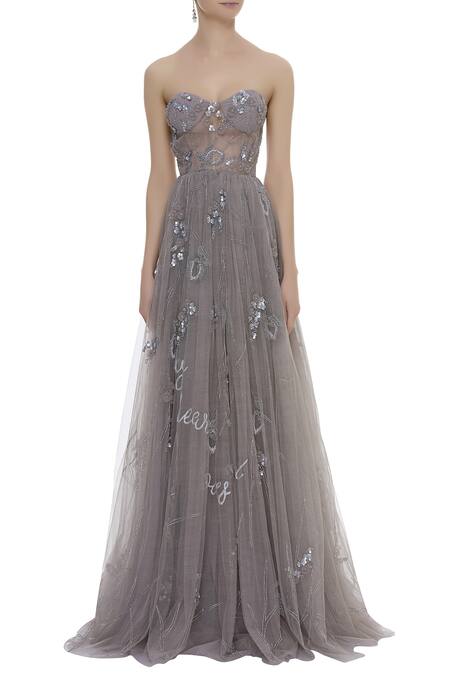 Shop Karleo Grey Crepe And Net 3d Floral Sequin Off Shoulder Embellished Bandeau Gown Online at Aza Fashions Shop_Karleo_Grey Crepe And Net 3d Floral Sequin Off Shoulder Embellished Bandeau Gown_Online_at_Aza_Fashions