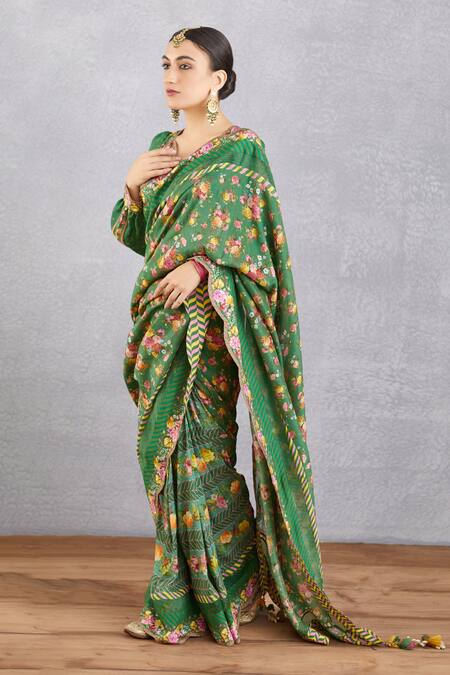 Torani_Green Cotton Silk, Handwoven Chanderi V Neck Panna Tahira Blouse_Online_at_Aza_Fashions