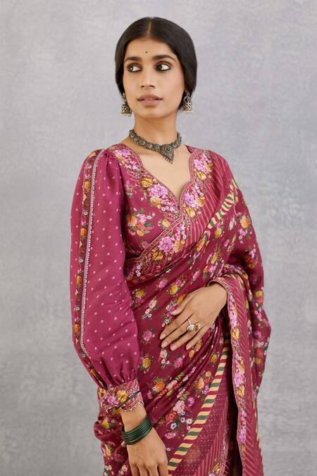 Torani_Red Cotton , Organza, Handwoven Chanderi Manika Tahir Saree _Online_at_Aza_Fashions