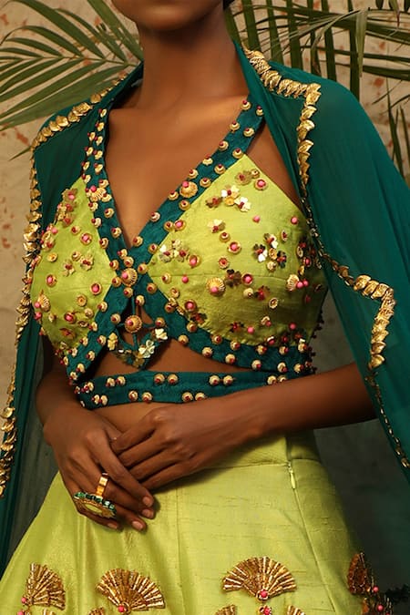 Shop Xoxo Apurva Green Raw Silk V Neck Embroidered Lehenga Set Online at Aza Fashions Shop_Xoxo Apurva_Green Raw Silk V Neck Embroidered Lehenga Set _Online_at_Aza_Fashions