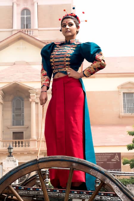 Shop Xoxo Apurva Blue Raw Silk Mandarin Collar Embroidered Jacket And Pleated Skirt Set at Aza Fashions Shop_Xoxo Apurva_Blue Raw Silk Mandarin Collar Embroidered Jacket And Pleated Skirt Set _at_Aza_Fashions