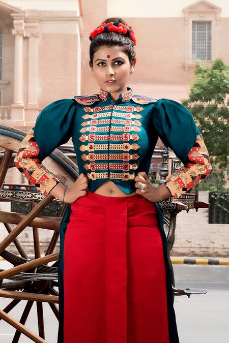 Xoxo Apurva Blue Raw Silk Mandarin Collar Embroidered Jacket And Pleated Skirt Set Online at Aza Fashions Xoxo Apurva_Blue Raw Silk Mandarin Collar Embroidered Jacket And Pleated Skirt Set _Online_at_Aza_Fashions