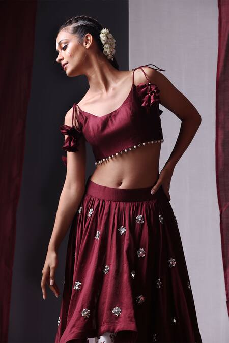 Yogita Kadam_White Pure Chanderi Silk Floral Layer Cotton V Neck Crop Top And Skirt Set_Online_at_Aza_Fashions