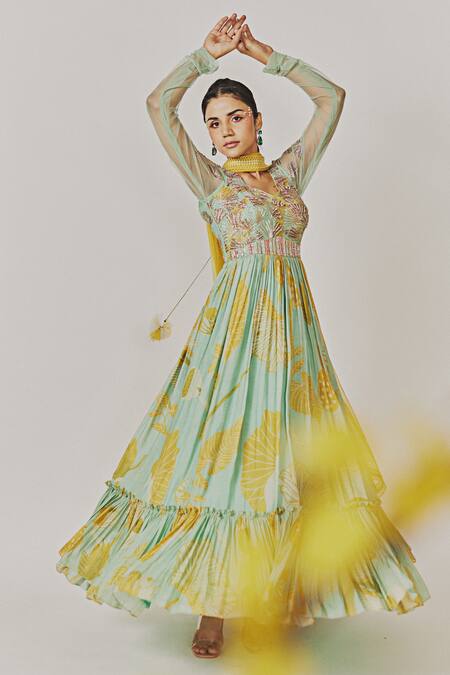 Shop_Anu Pellakuru_Green Muslin, Silk Embroidery, Foliage Pattern Anarkali With Contrast Dupatta