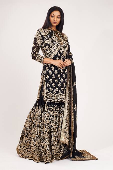 Nakul Sen_Black Chiffon Round Floral Embroidered Kurta Sharara Set_Online_at_Aza_Fashions