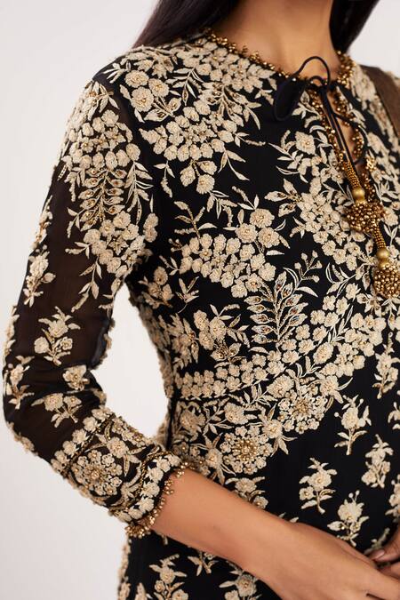 Shop_Nakul Sen_Black Chiffon Round Floral Embroidered Kurta Sharara Set_Online_at_Aza_Fashions