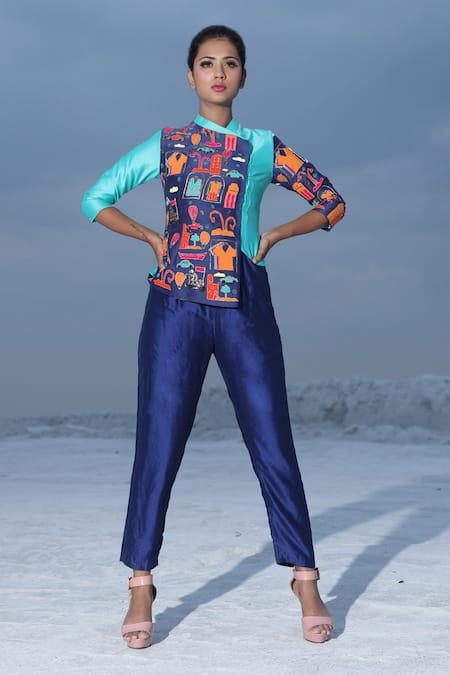Xoxo Apurva Blue Chanderi Silk Mandarin Collar Jacket And Pant Set