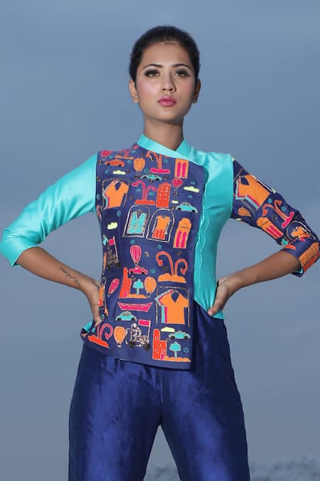 Shop Xoxo Apurva Blue Chanderi Silk Mandarin Collar Jacket And Pant Set at Aza Fashions Shop_Xoxo Apurva_Blue Chanderi Silk Mandarin Collar Jacket And Pant Set _at_Aza_Fashions