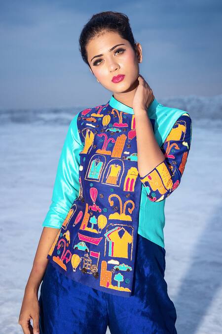 Xoxo Apurva Blue Chanderi Silk Mandarin Collar Jacket And Pant Set Online at Aza Fashions Xoxo Apurva_Blue Chanderi Silk Mandarin Collar Jacket And Pant Set _Online_at_Aza_Fashions