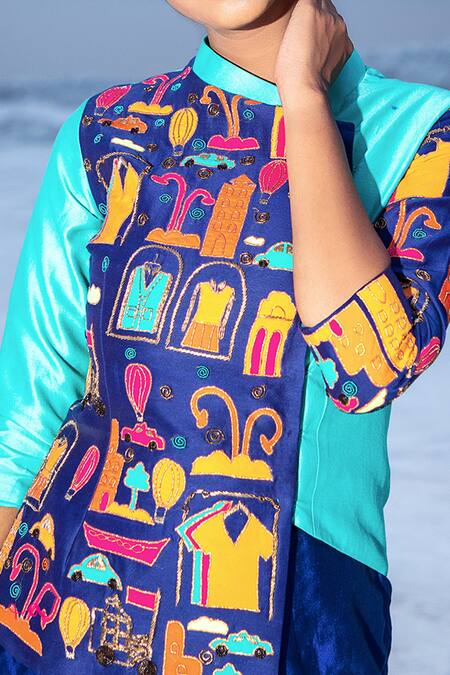 Buy Xoxo Apurva Blue Chanderi Silk Mandarin Collar Jacket And Pant Set Online at Aza Fashions Buy_Xoxo Apurva_Blue Chanderi Silk Mandarin Collar Jacket And Pant Set _Online_at_Aza_Fashions