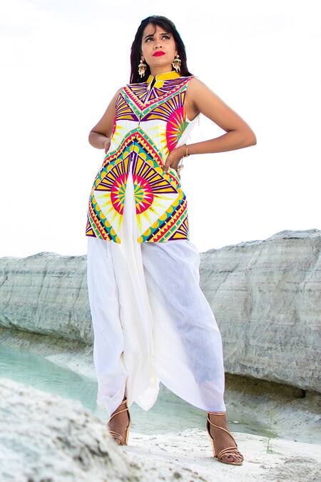 Xoxo Apurva White Chanderi Silk Mandarin Collar Jacket And Dhoti Pant Set Online at Aza Fashions Xoxo Apurva_White Chanderi Silk Mandarin Collar Jacket And Dhoti Pant Set _Online_at_Aza_Fashions