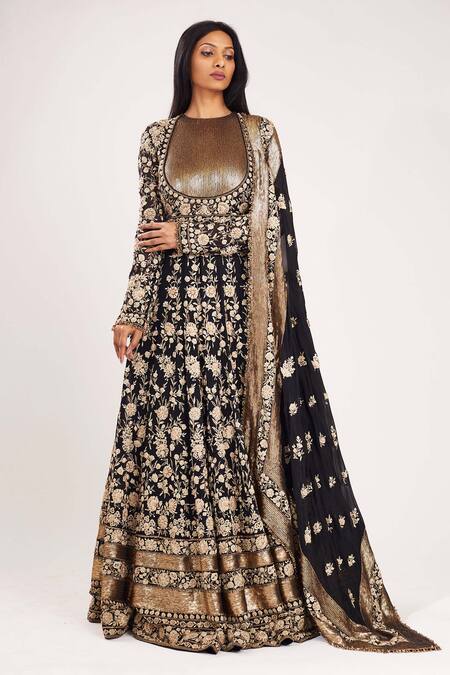 Buy_Nakul Sen_Black Chiffon Round Floral Embroidered Anarkali With Dupatta_Online_at_Aza_Fashions