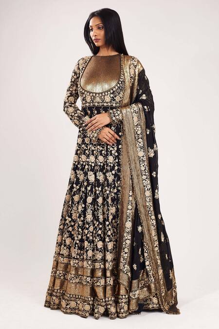 Nakul Sen_Black Chiffon Round Floral Embroidered Anarkali With Dupatta_Online_at_Aza_Fashions