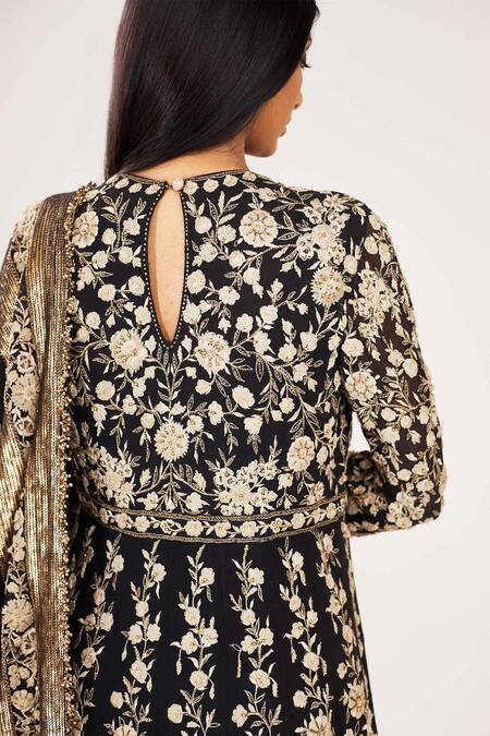 Nakul Sen_Black Chiffon Round Floral Embroidered Anarkali With Dupatta_at_Aza_Fashions